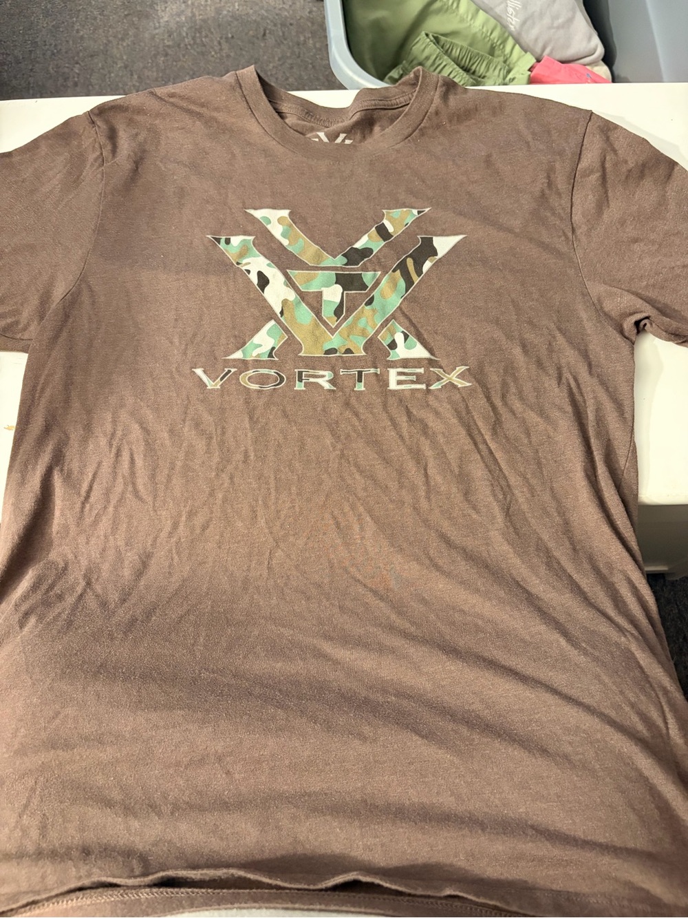 Vortex Men's Short-Sleeve Logo Tee in Brown with Camo Accent
